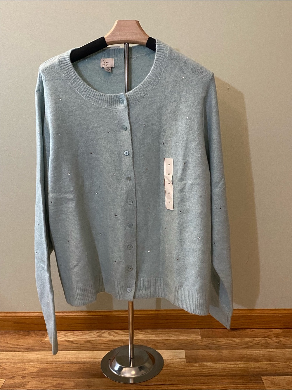 Embellished Button-Up Sweater - Women Light Blue Size 1X NWT